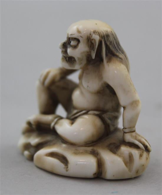 A Japanese ivory netsuke of Raiden (God of Thunder), signed Tomohiro, Edo period, 4.3cm